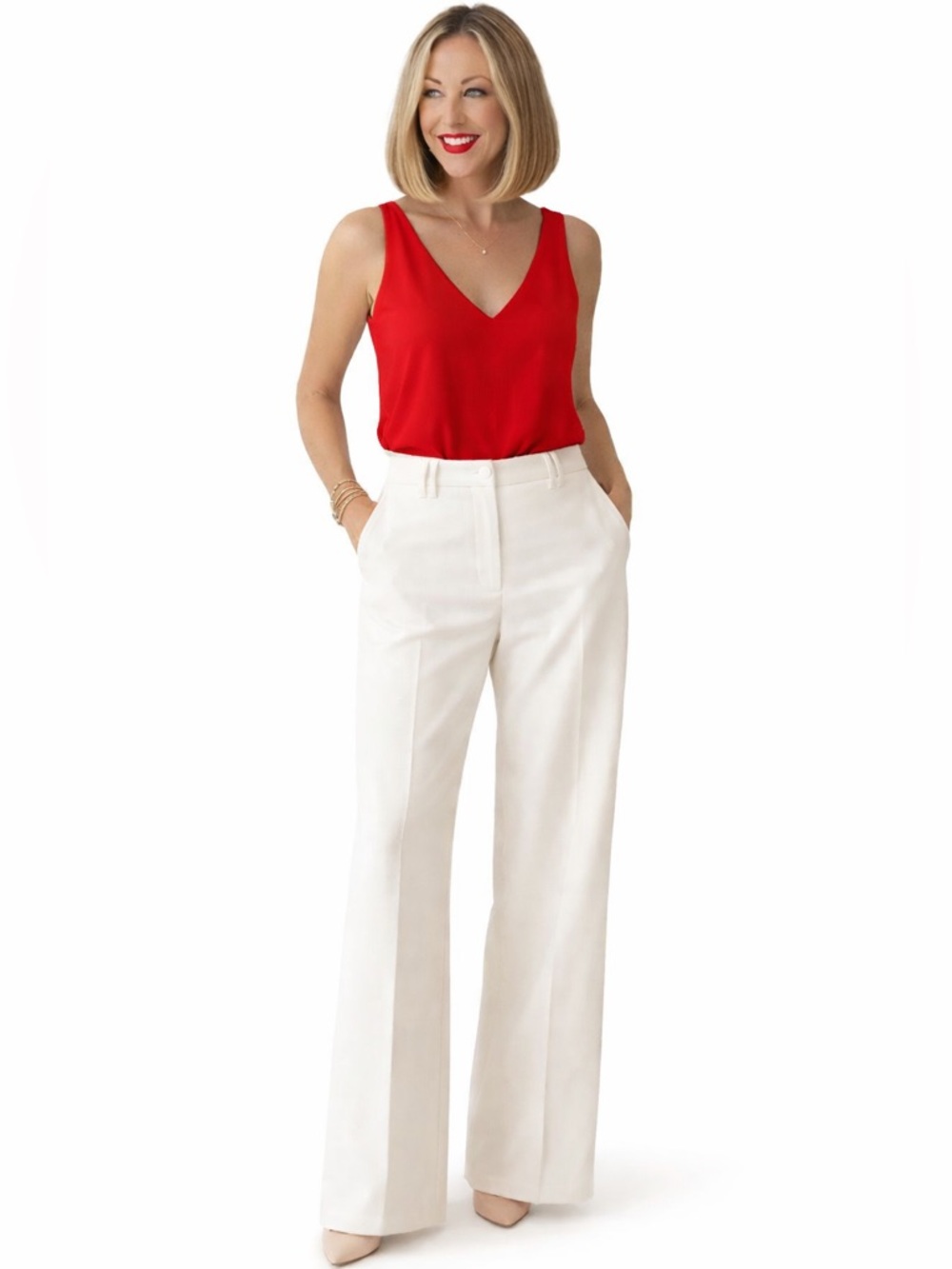 White High Waist Wide Leg Pants Chic Minimalist Size M
